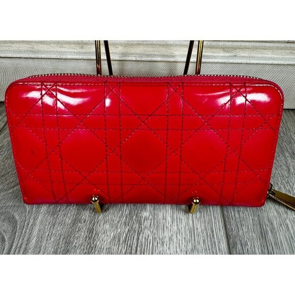Lady Dior Passion Pink Patent Cannage Calfskin Continental Zip Around Wallet - Picture 1 of 14